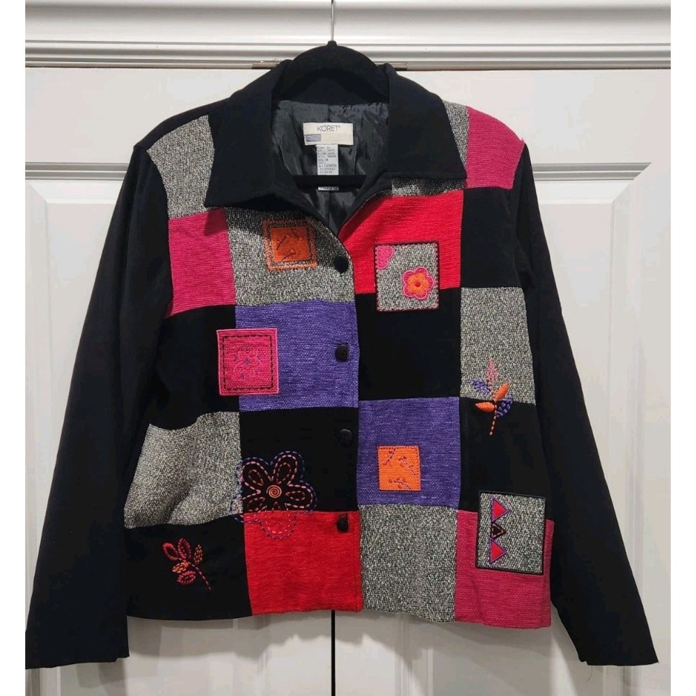 Vintage Color Block Patchwork Embroidered Koret Women M Coat Jacket Lined Blazer
